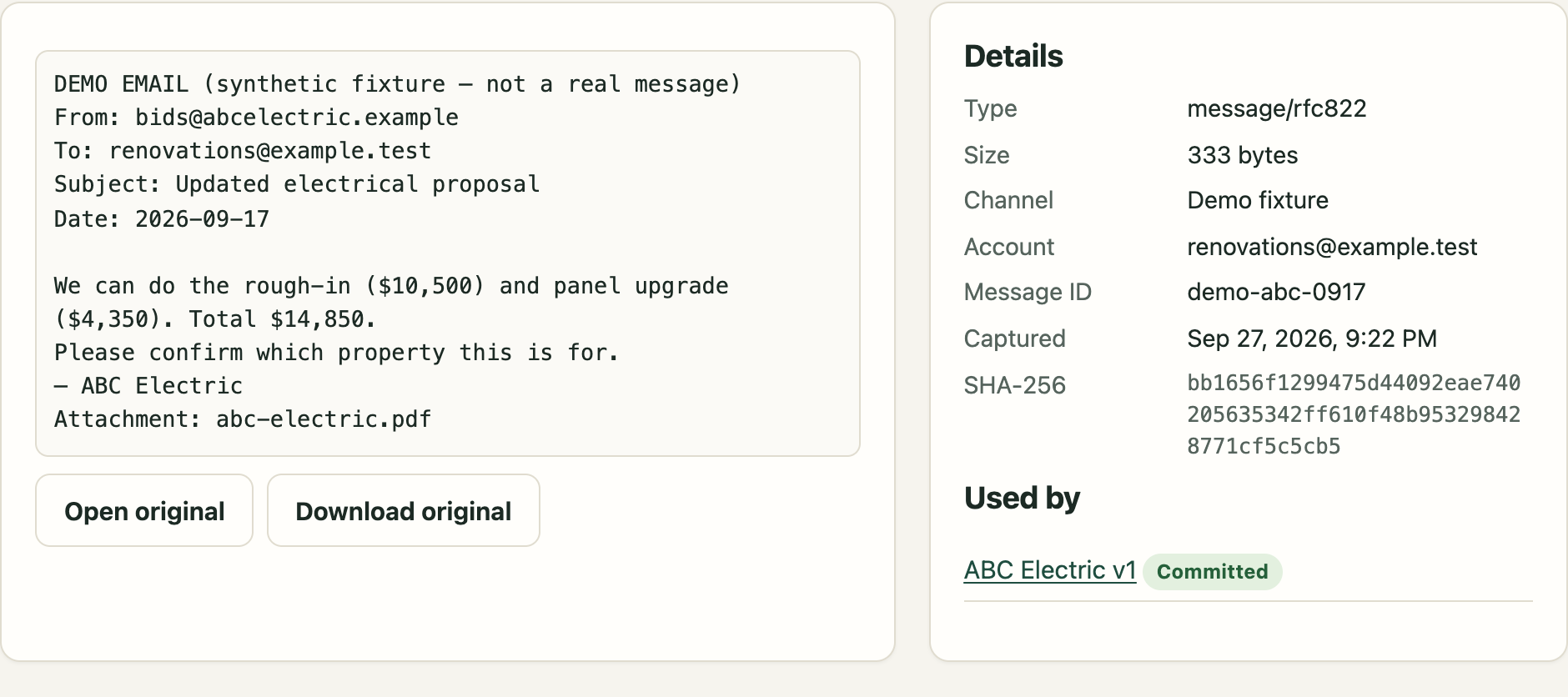 A saved original email with its details, its SHA-256 fingerprint, and the approved commitment that used it.
