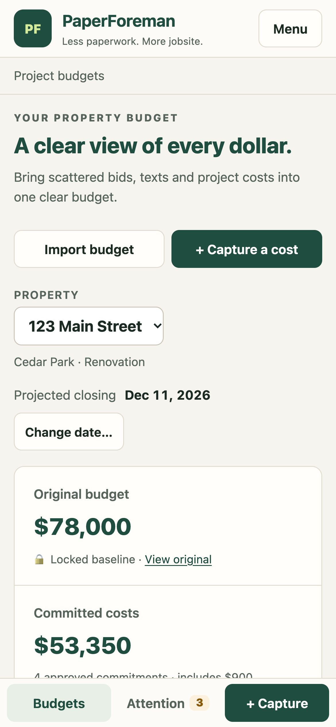 The same budget on a phone, with Budgets, Attention and Capture buttons along the bottom.