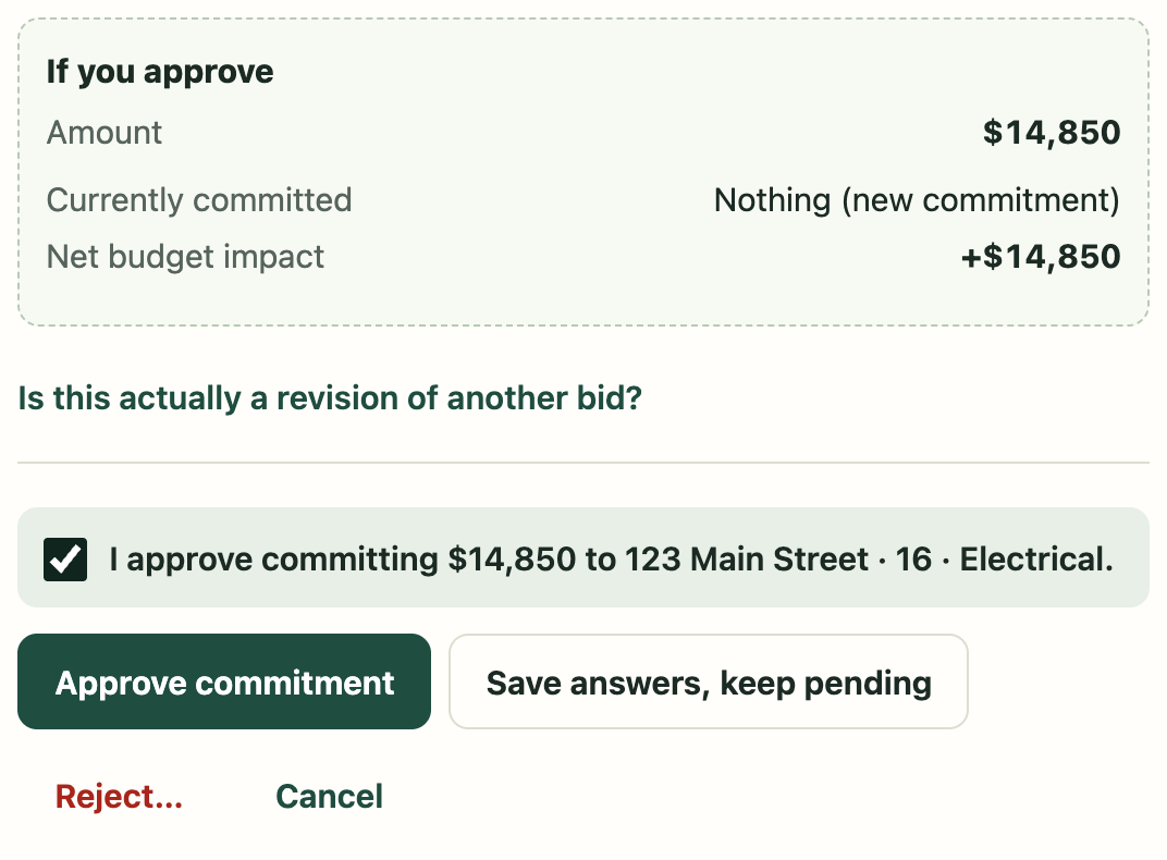 The approval screen: amount $14,850, nothing committed yet, net budget impact plus $14,850, and a box to confirm before approving.
