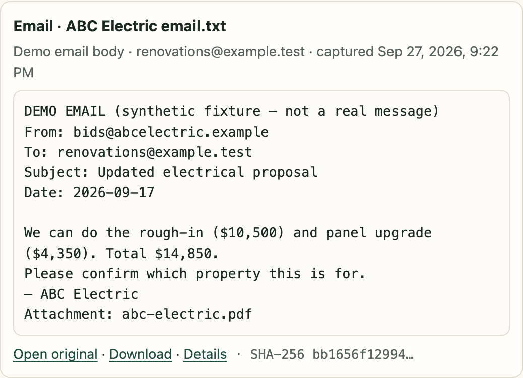 The saved email from ABC Electric: rough-in $10,500 and panel upgrade $4,350, total $14,850, asking which property it is for.