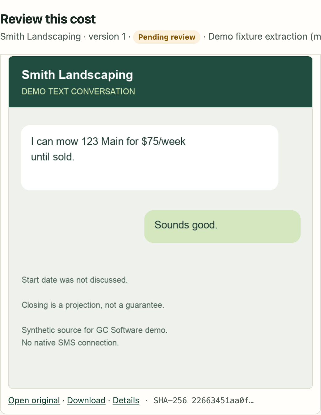 A saved text-message screenshot from Smith Landscaping offering to mow for $75 a week until the house sells.